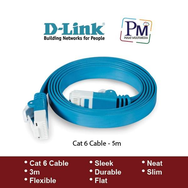 DLINK CAT.6 (1Meter/2M/3M/5M/10M) UTP Flat Cord Blue, Flat, Durable